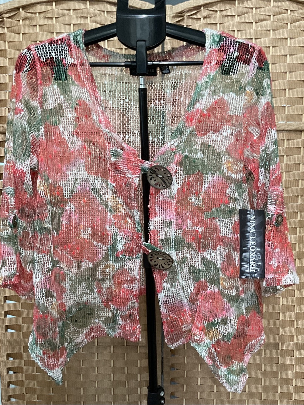 Nina Leonard Coral Green Floral Mesh Swim Coverup